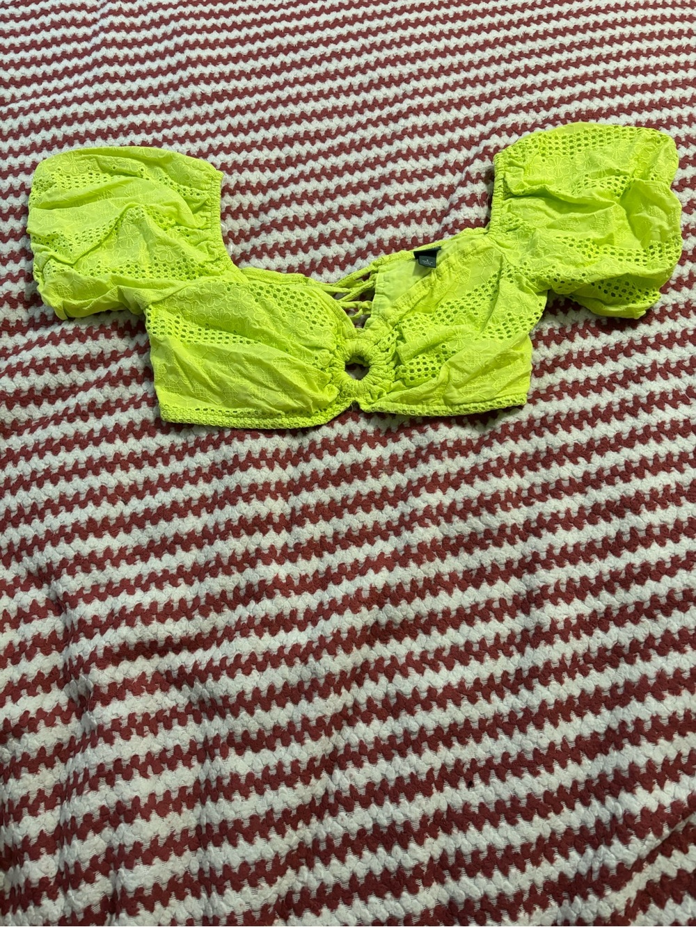 wild fable Neon Lime Eyelet Puff-Sleeve Crop Top with Ring Detail